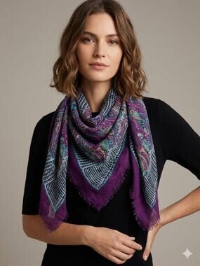 Ray Strauss Italian Square Paisley Print Scarf Purple‎ Fringe Light Boho Wrap